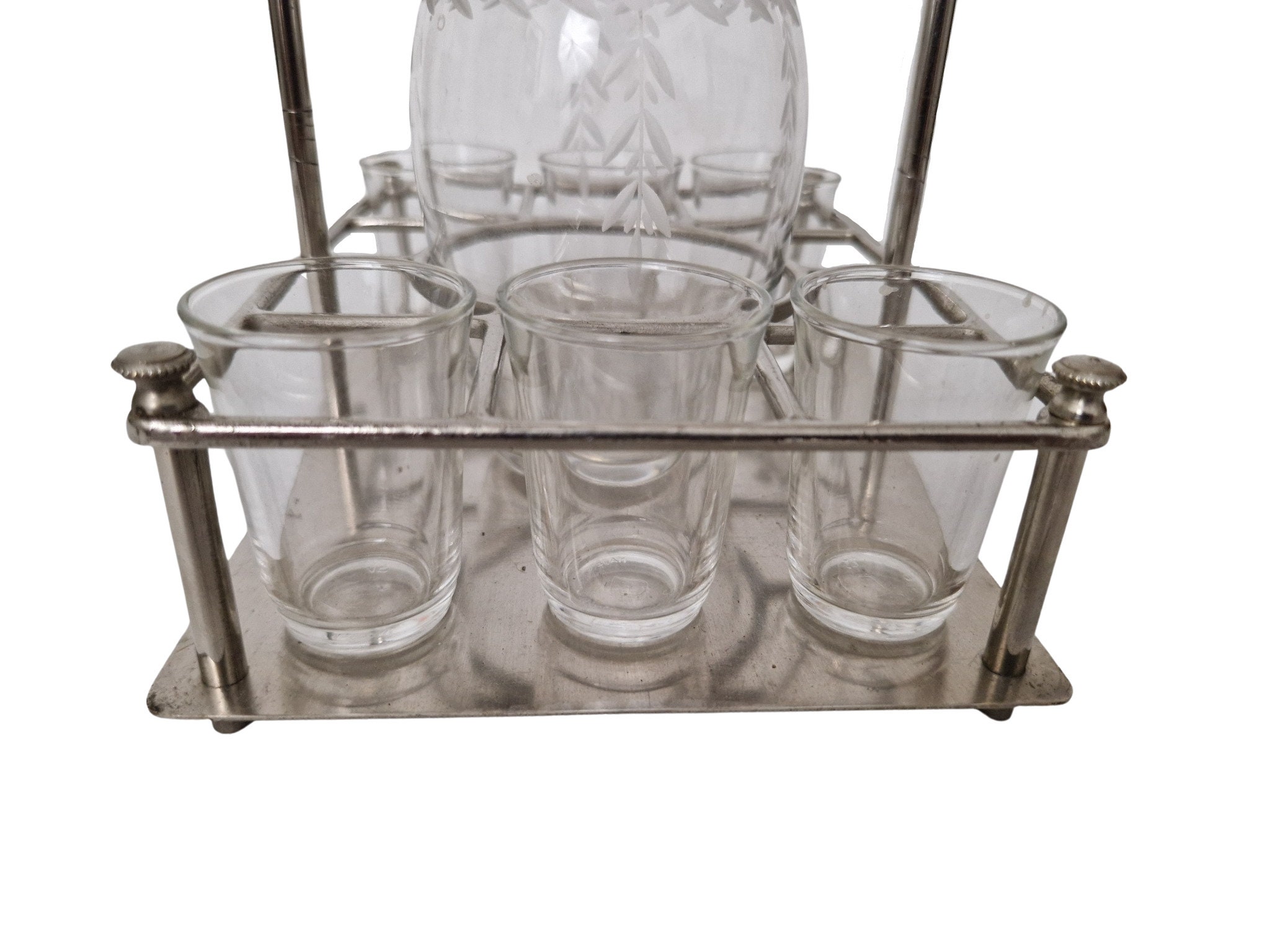 Art Deco Decanter and Shot Glass Set in Caddy, Antique French Glassware