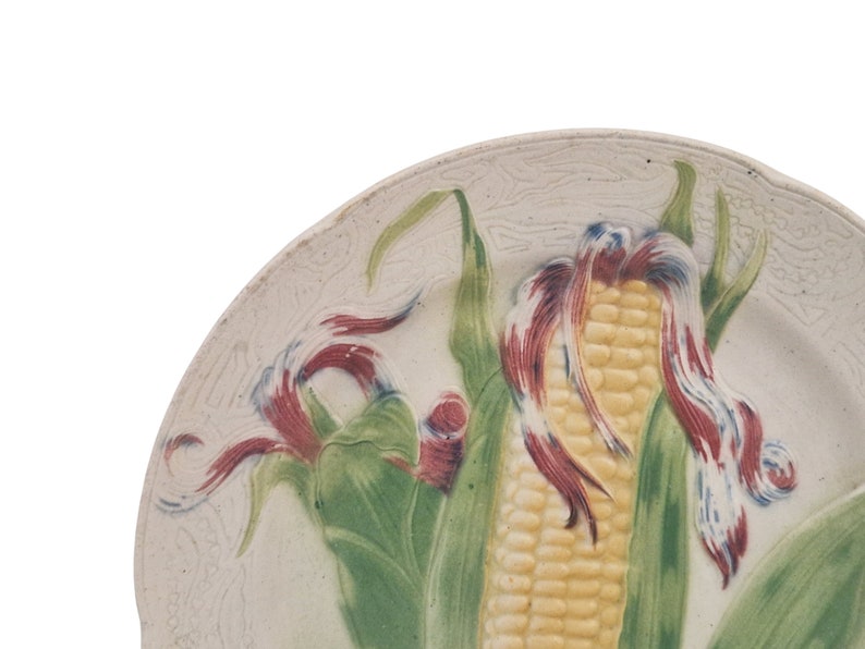 French Antique Majolica Plate with Corn Cob by Keller & Guerin St Clement, Ceramic Kitchen Wall Hanging Decor image 4