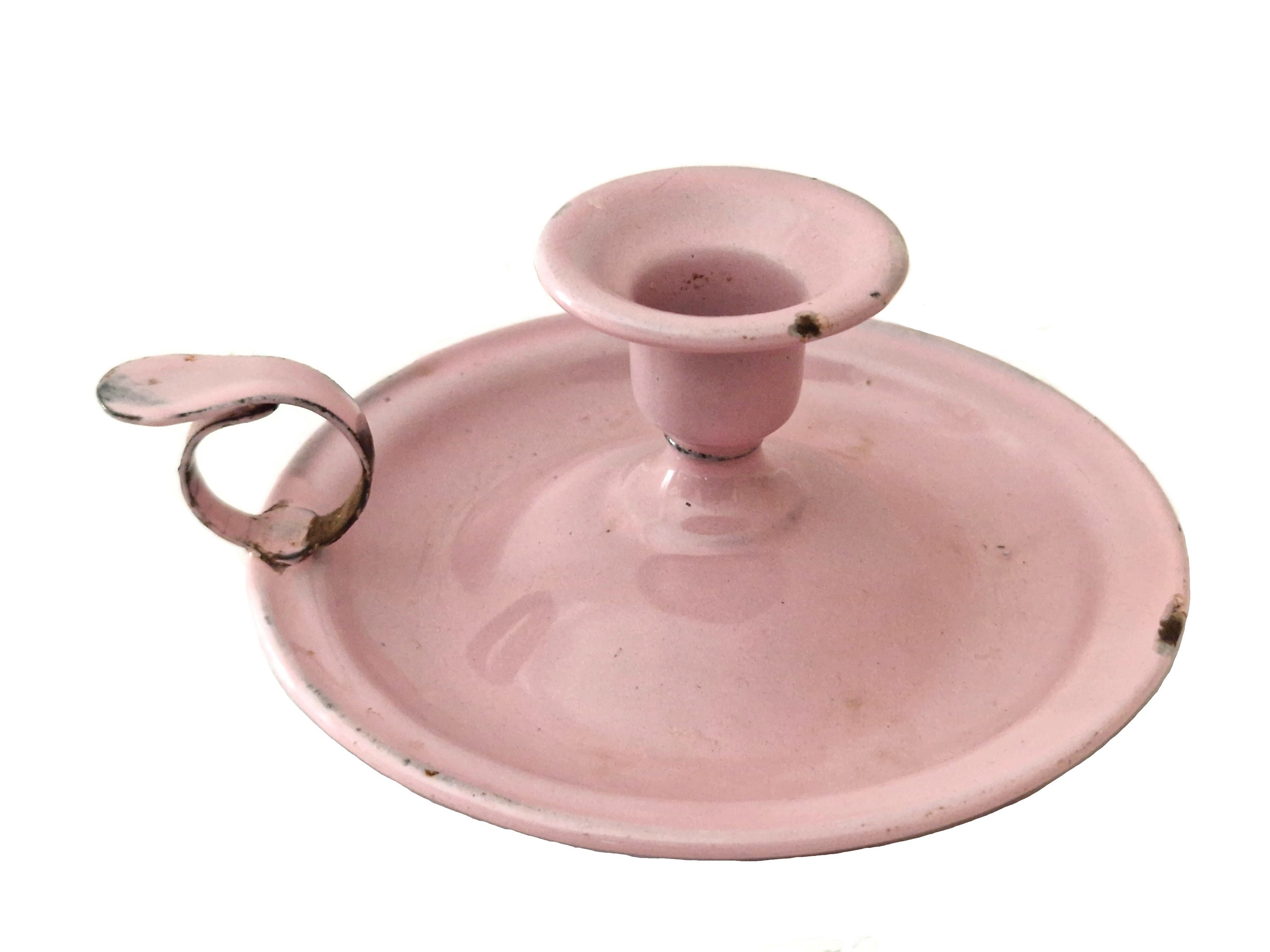 Antique French Pink Enamel Candlestick Holder with Handle, Shabby