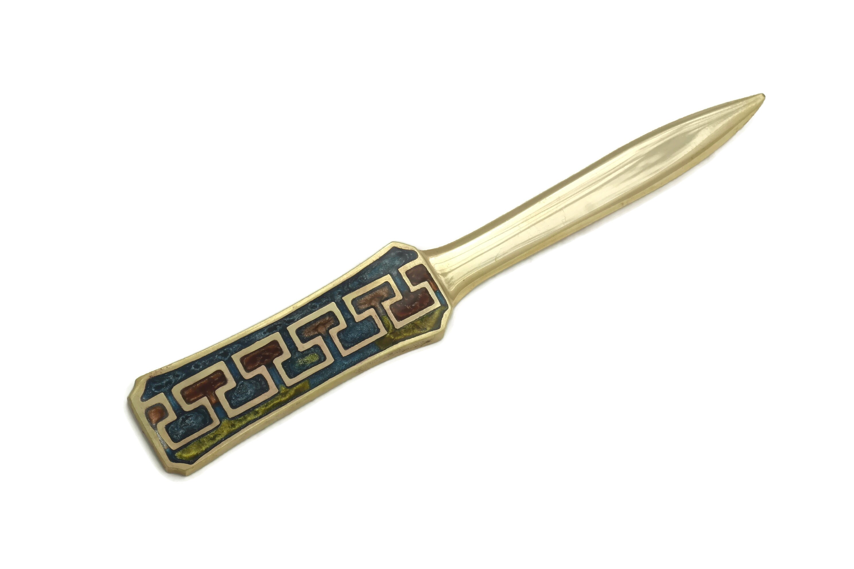Vintage Enamel Brass Letter Opener, Paper Knife Desk Accessory, Mid