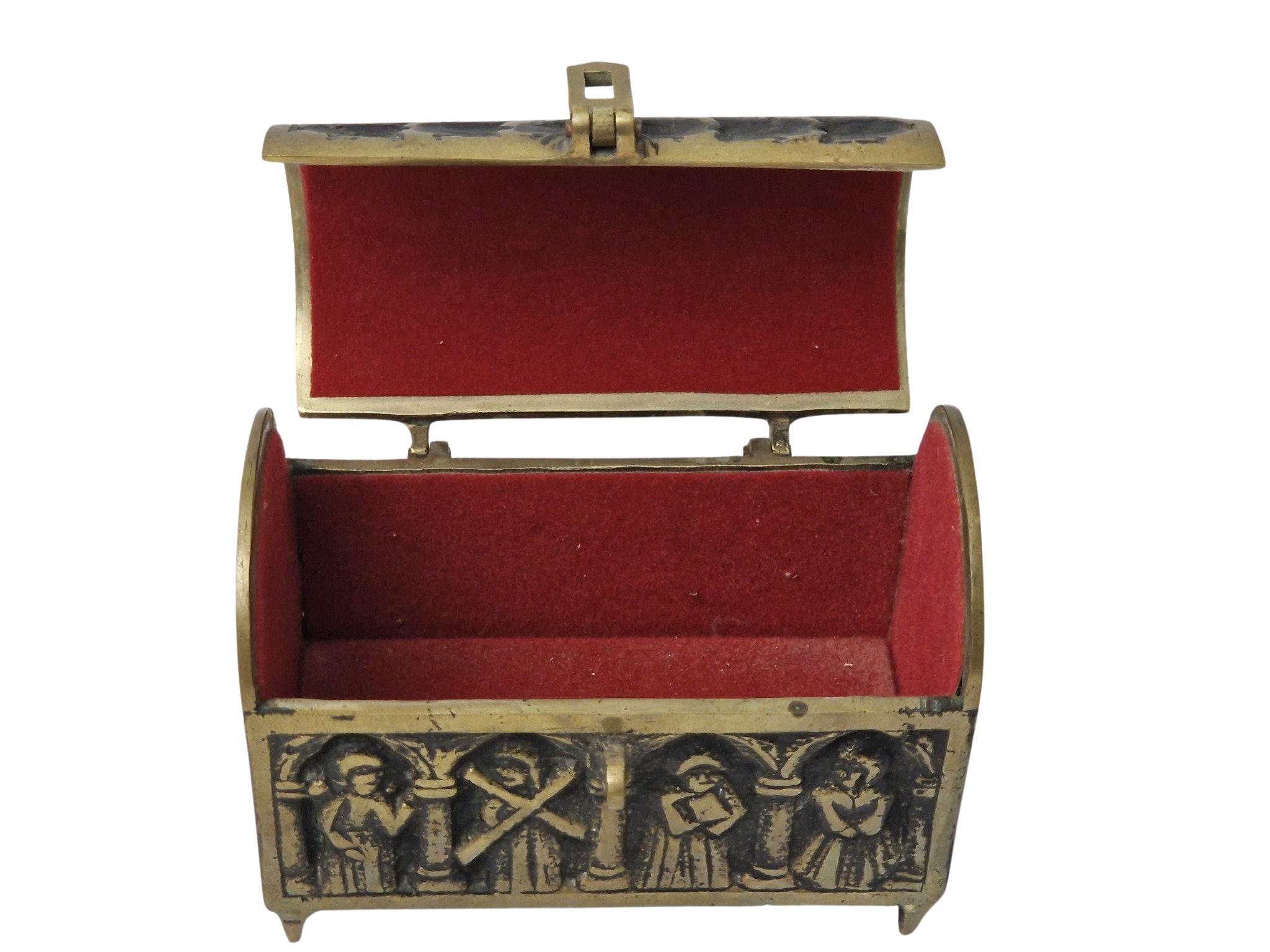 French Brass Gothic Jewelry Chest, Medieval Style Casket with Monks