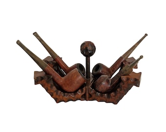 Mid Century Brutalist Wooden Pipe Holder & Rest Stand, French Vintage Tobacco Smoking Gift