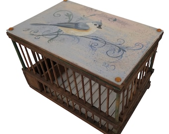 French Antique Wood Birdcage with Bird Portrait Painting