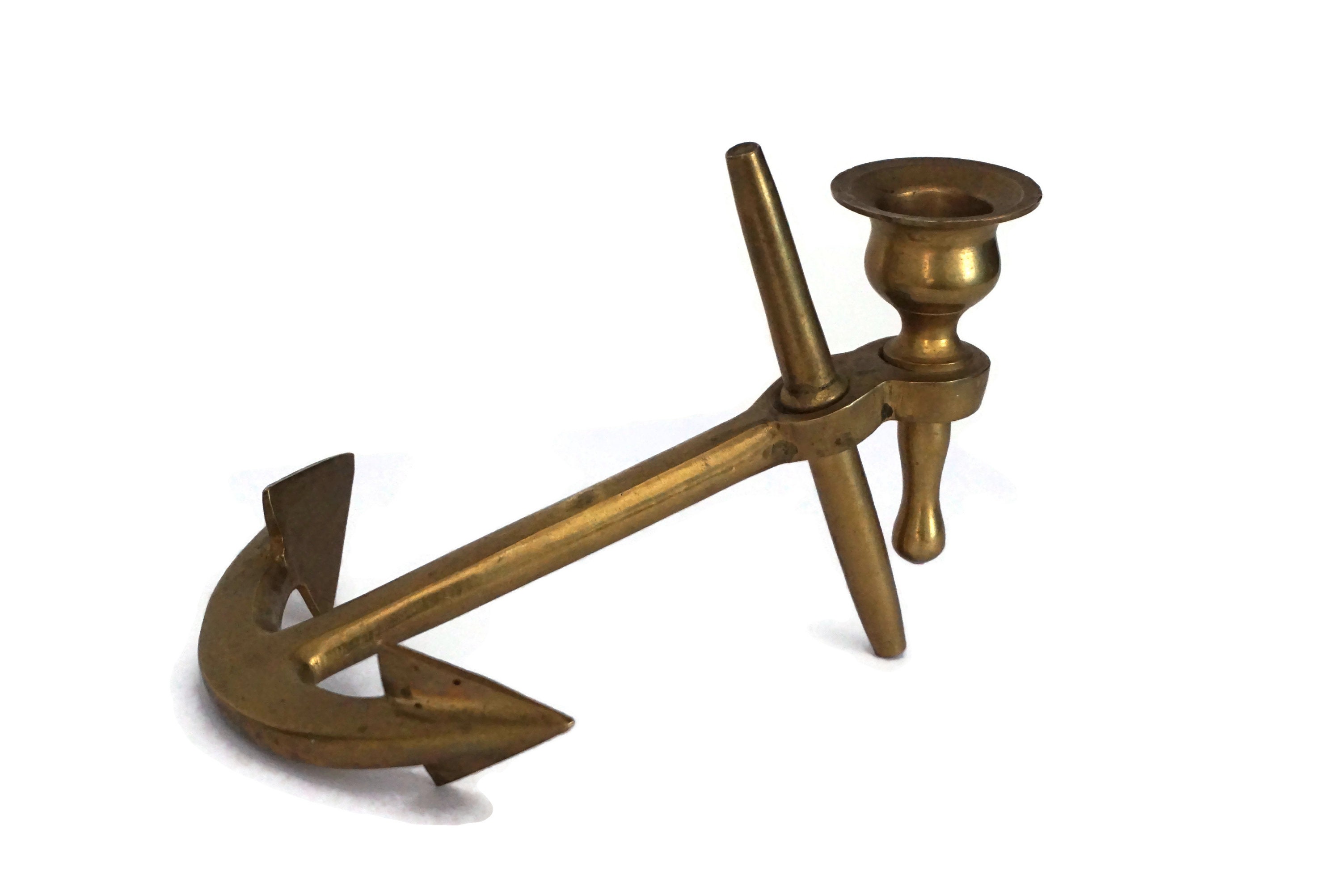 Brass Anchor Candle Holder Pair, Vintage Nautical and Coastal Home Decor