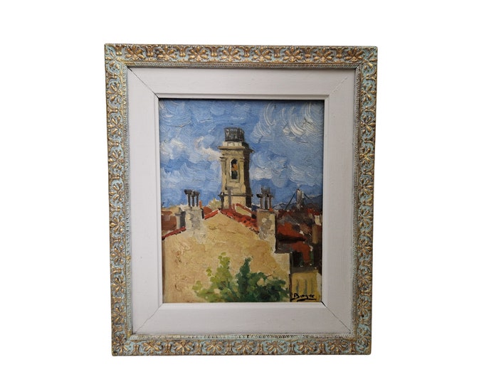 French Provencal Village Painting with Belfry Bell Tower, Original Framed and Signed Art