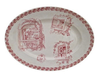 Antique French Pink Transferware Platter by Sarreguemines, Beranger Pattern, Romantic Faience Tray