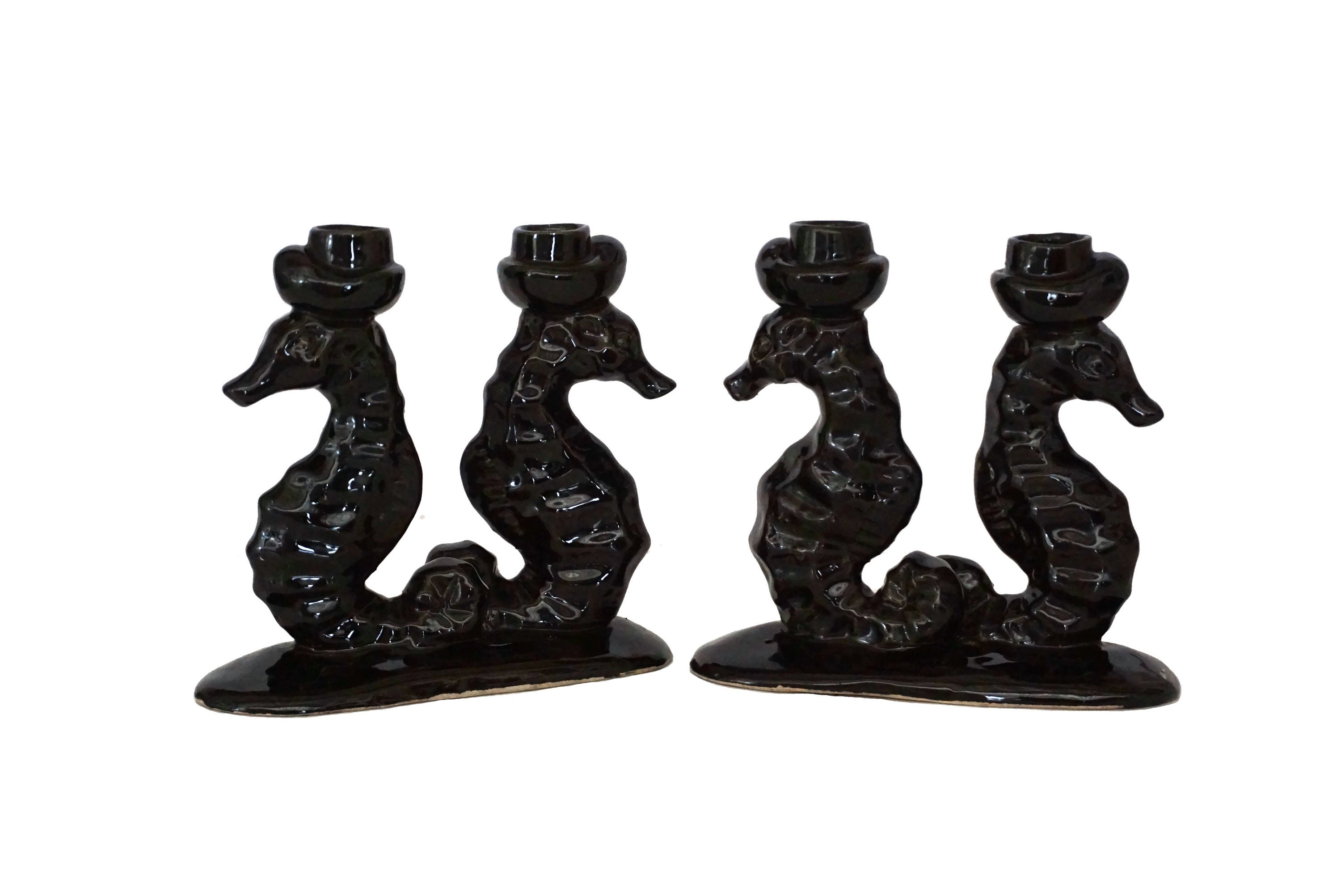 Paire de Candélabres d'hippocampe en Poterie, Bougeoirs Céramique Du Milieu Siècle