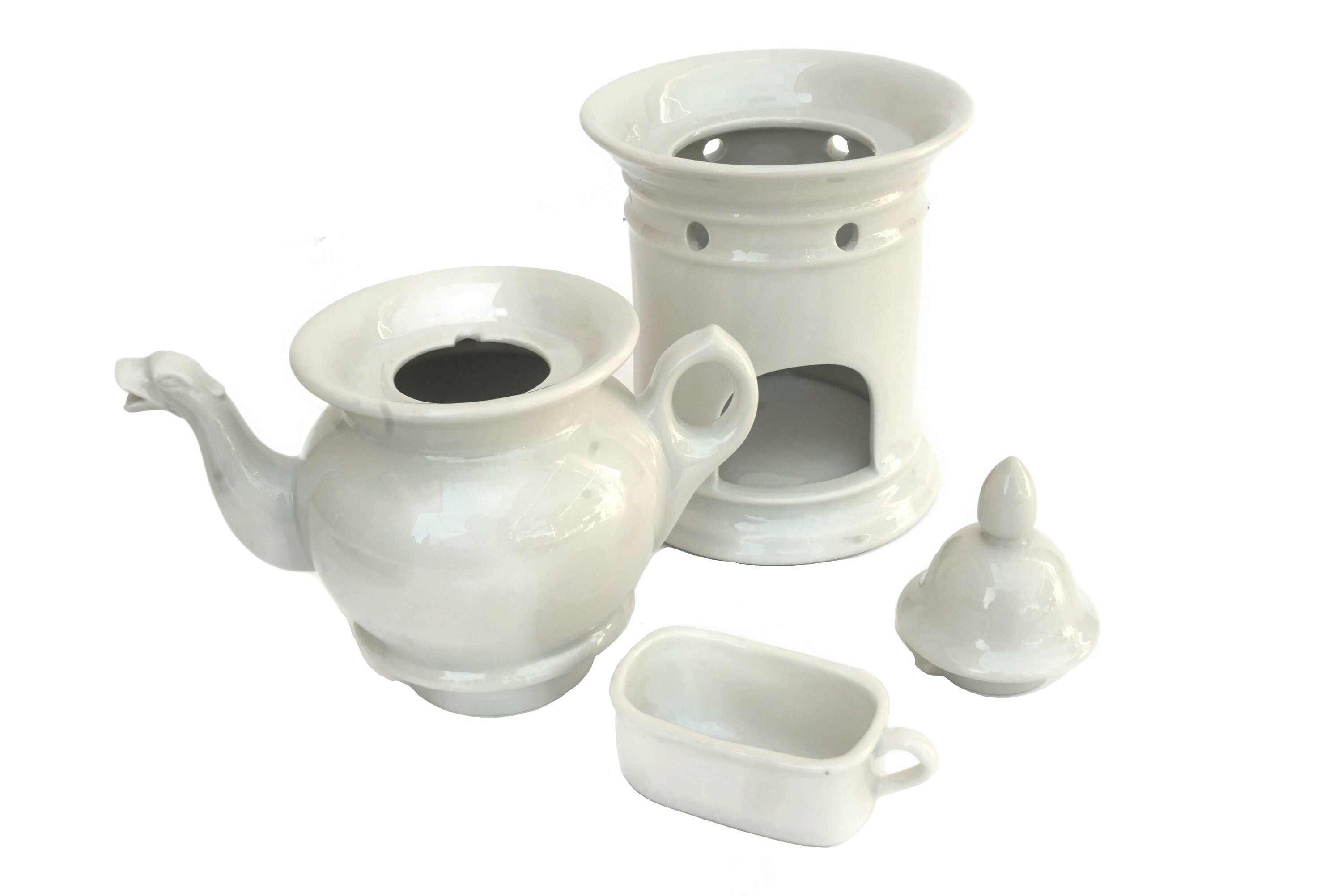 French Porcelain Teapot with Warmer Stand, Ceramic Veilleuse and Tisaniere