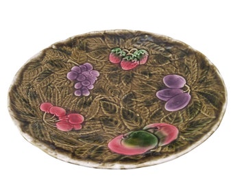 Large Majolica Fruit Centerpiece Bowl by Sarreguemines, French Barbotine Serving Dish Platter