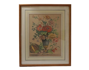 Antique Flowers in Vase Art Print Engraving, 19th Century French Floral Still Life