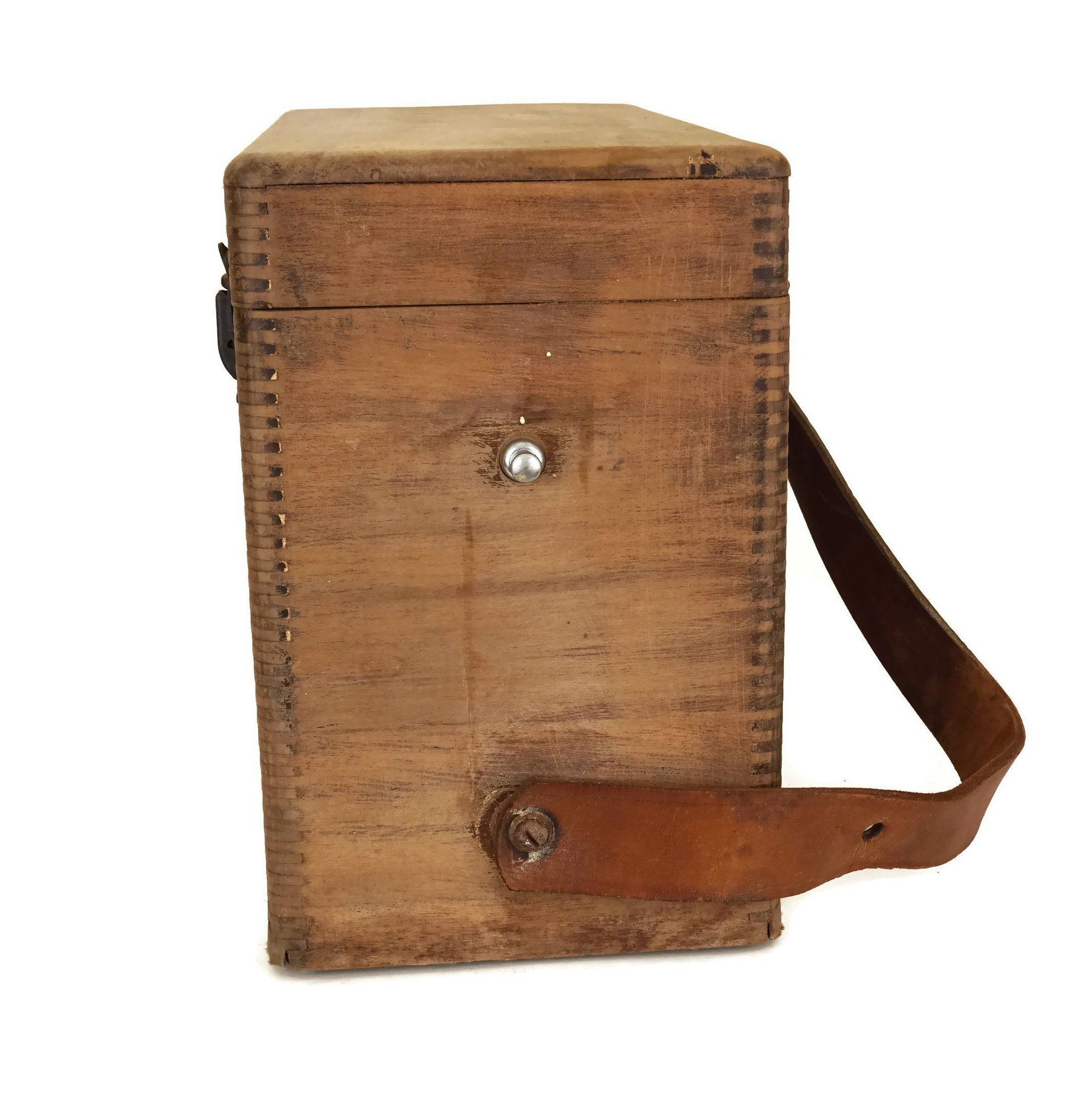 Wooden Tool Box with Leather Strap and Lid