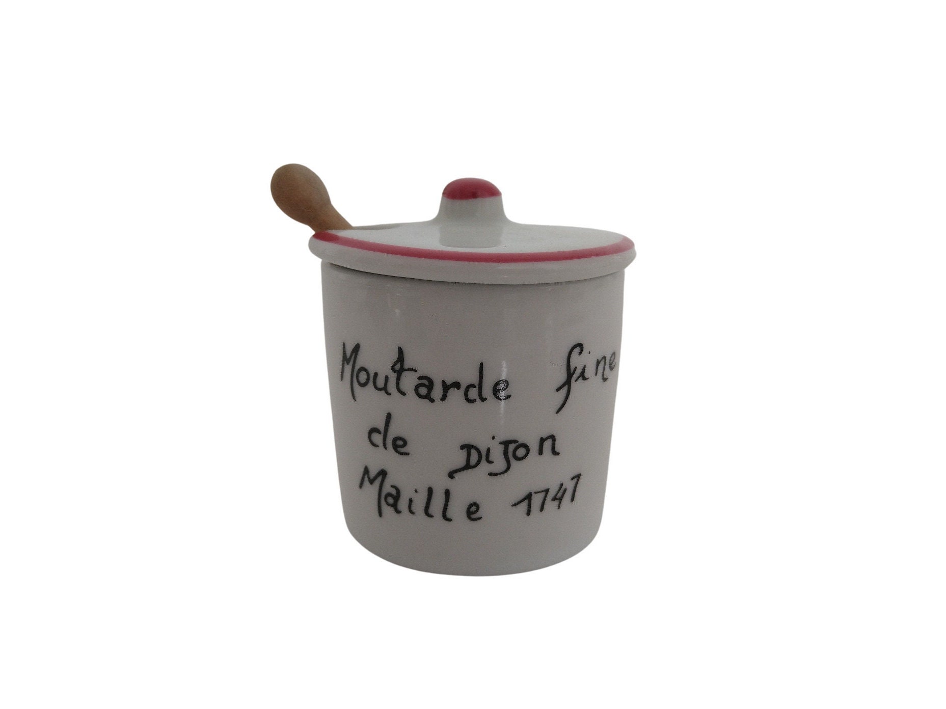 Français Pot à Moutarde Maille Dijon en Porcelaine avec Cuillère Bois