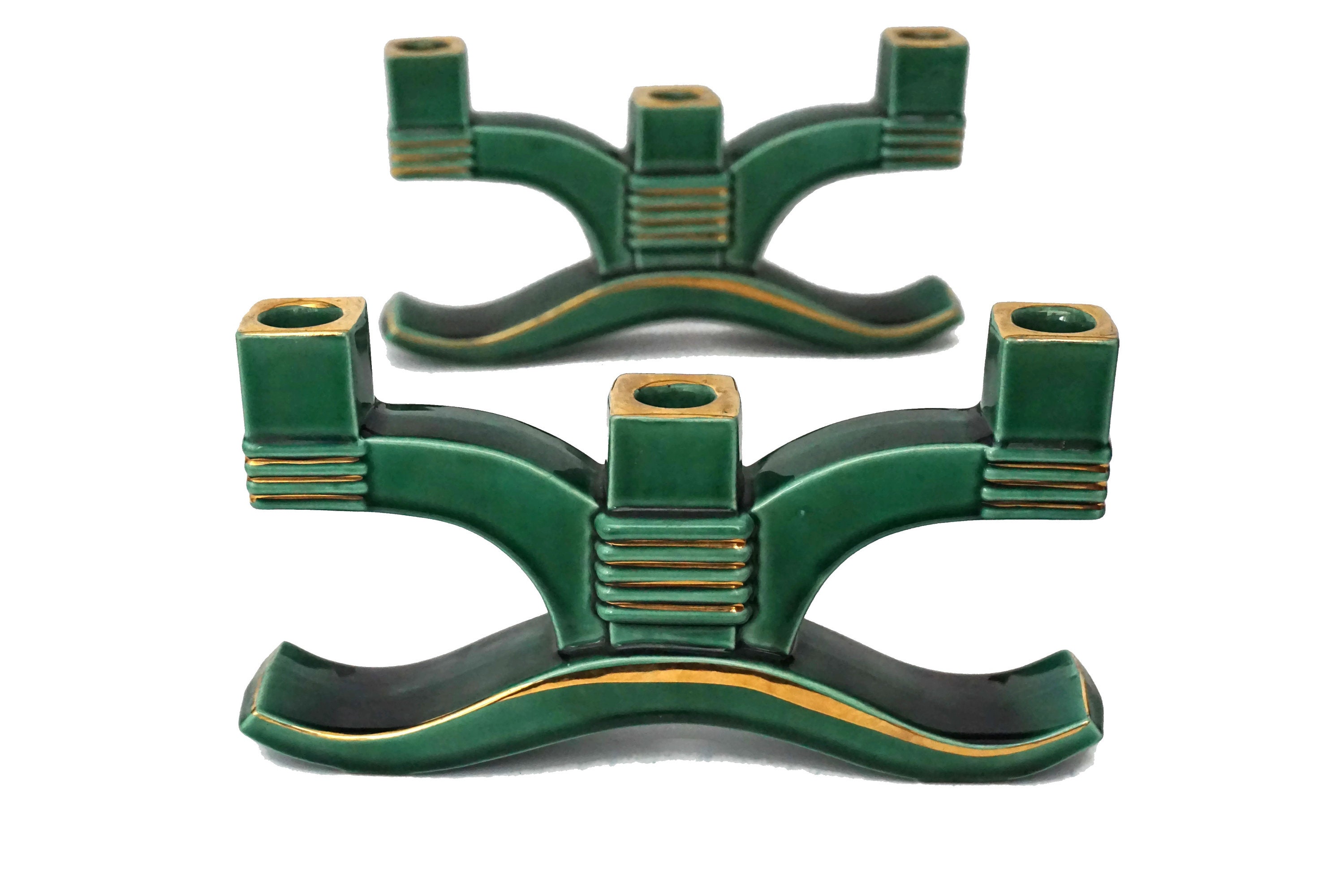 Art Deco Ceramic Candelabra, Pair of French Geometric Pottery