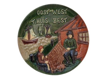 Decorative Pottery Wall Plate with Dutch Proverb, Fishermen and Sailing Boats
