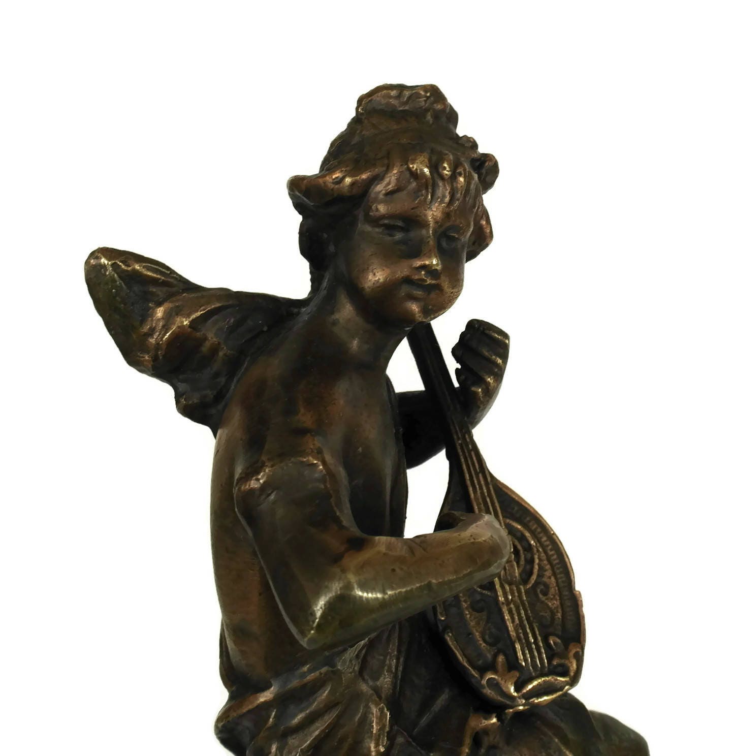 French Vintage Bronze Cherub Statuette, Angel Figurine Playing Musical Instrument