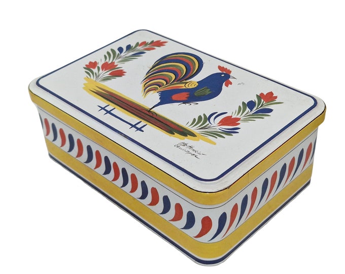 Folk Art Quimper Tin Candy Box with French Rooster, Rustic Farmhouse Kitchen Decor