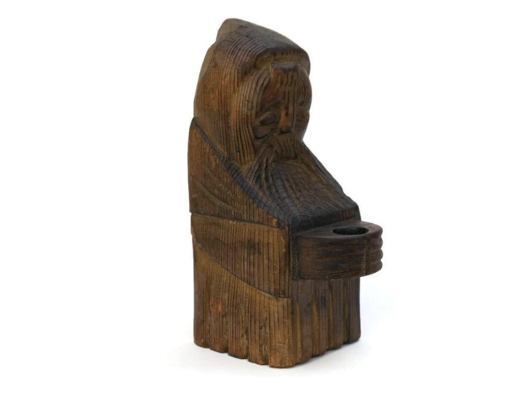 Antique Wood Candle Holder. Folk Art Carved Wood Christmas Decor