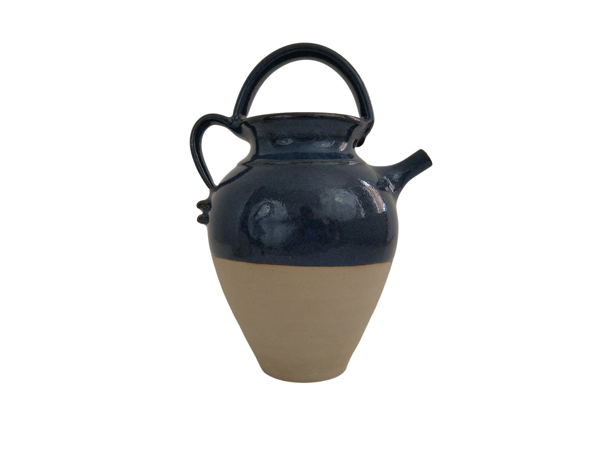Français Country Stoneware Wine Jug, Urne en Poterie Bleue Demi-Émaillée