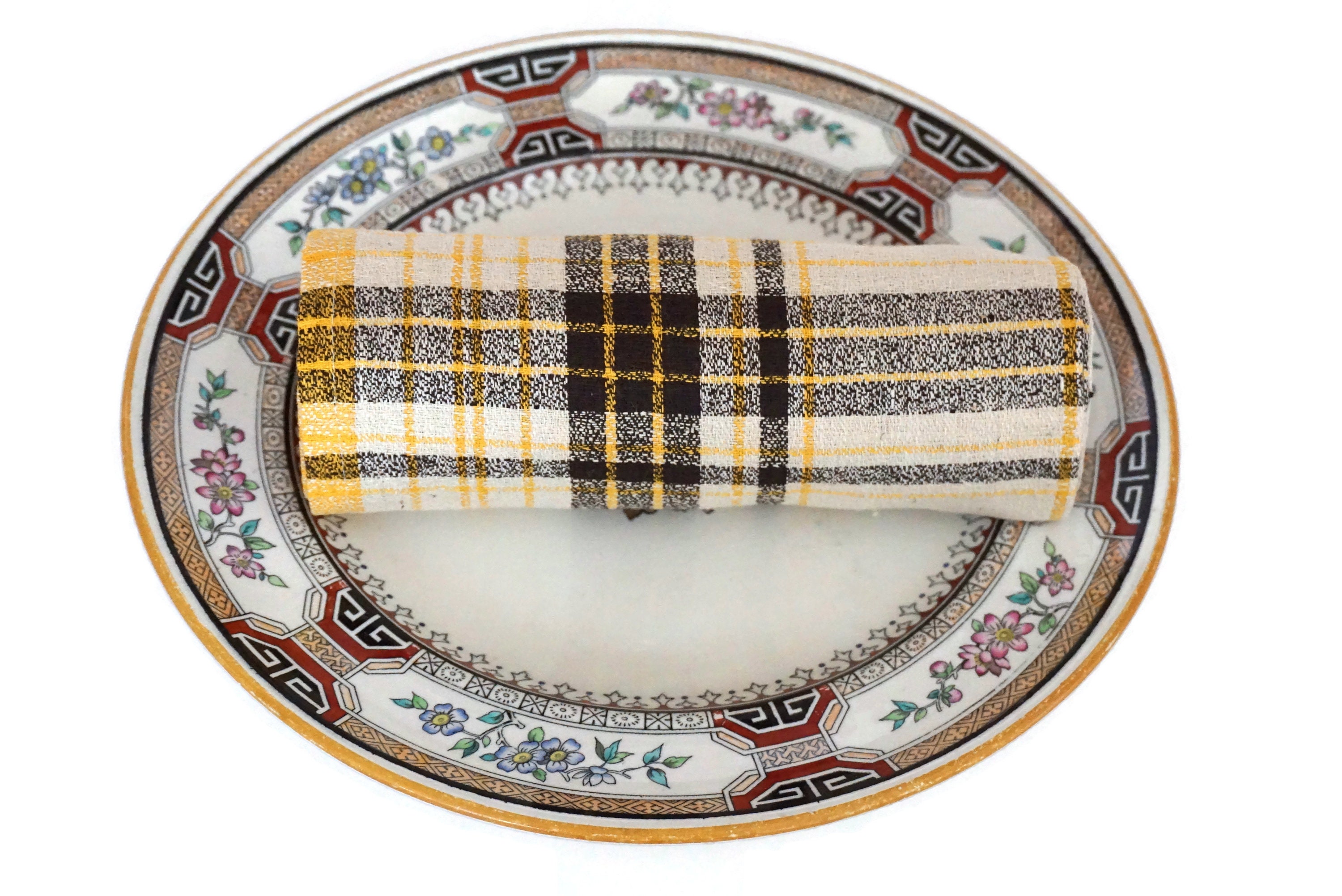French Plaid Linen Napkins Set of 12, Mid Century Table Serviettes