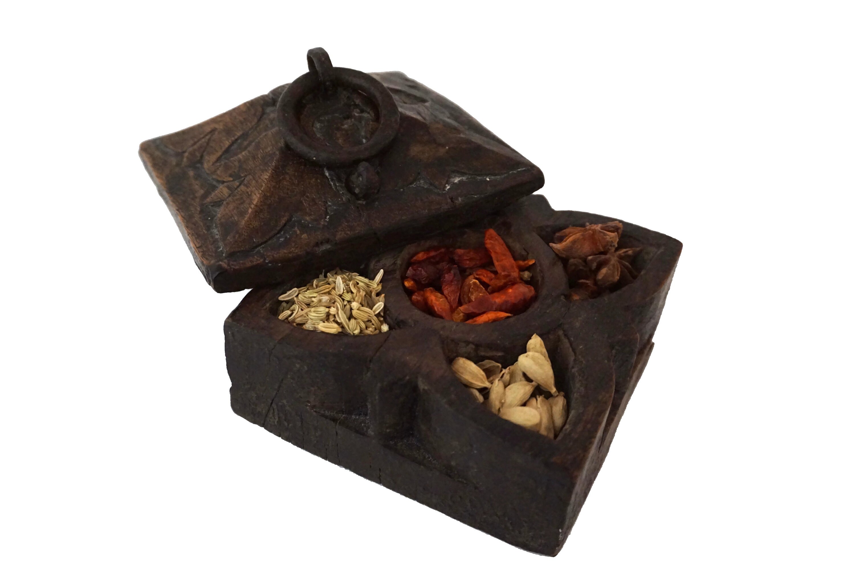 Antique Wooden Indian Spice Box, Carved Wood Masala ...
