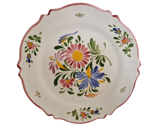 French Faience Wall Plate with Hand Painted Folk Art Flowers by Roullet Renoleau, Chic and Romantic Shabby Home Decor