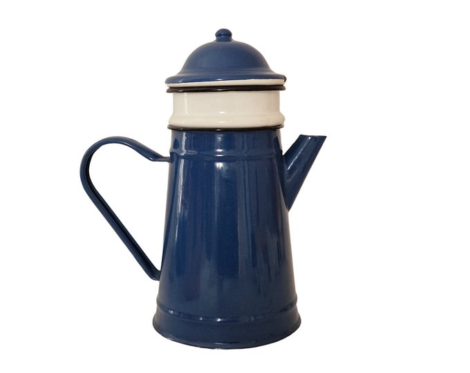 French Enamel Coffee Biggin Pot, Shabby Enamelware, White and Blue Kitchen Decor