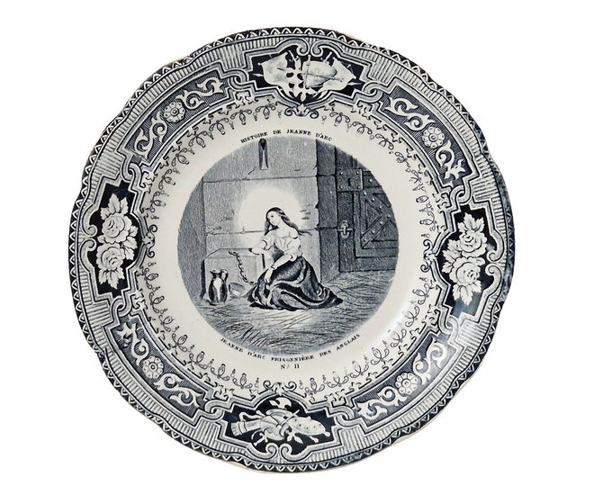 Saint Joan of Arc in Prison Wall Plate by Gien, Antique French Black Transferware Faience