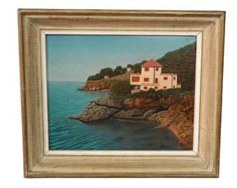 French Riviera Coastal Landscape Painting, Mediterranean Minimalist Seascape, Original Signed Wall Art
