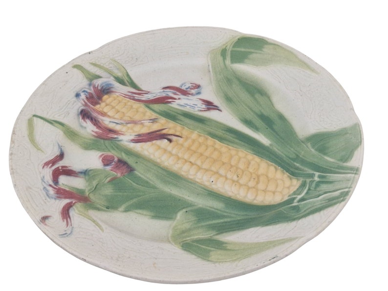 French Antique Majolica Plate with Corn Cob by Keller & Guerin St Clement, Ceramic Kitchen Wall Hanging Decor image 2