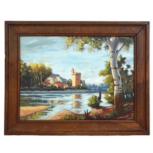 French River Landscape Painting with Tower and Fortress, Original Signed Art