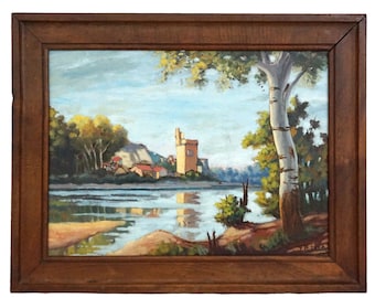 French River Landscape Painting with Tower and Fortress, Original Signed Art