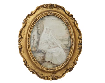 Contemplating Nun Portrait Painting, Antique French Hand Painted Miniature, Christian Wall Art