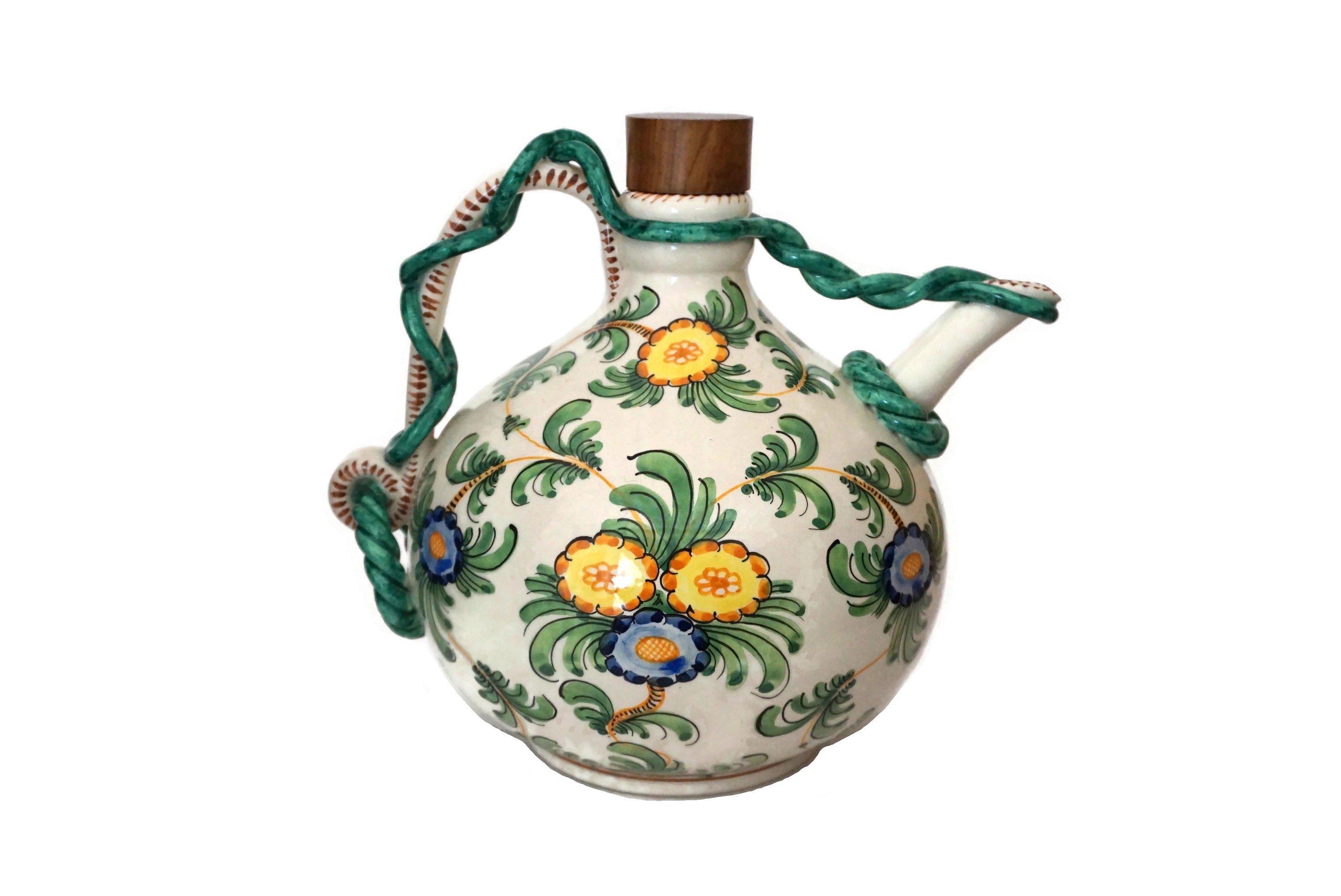 French Majolica Olive Oil Jug, Hand Painted Pottery, Mediterranean
