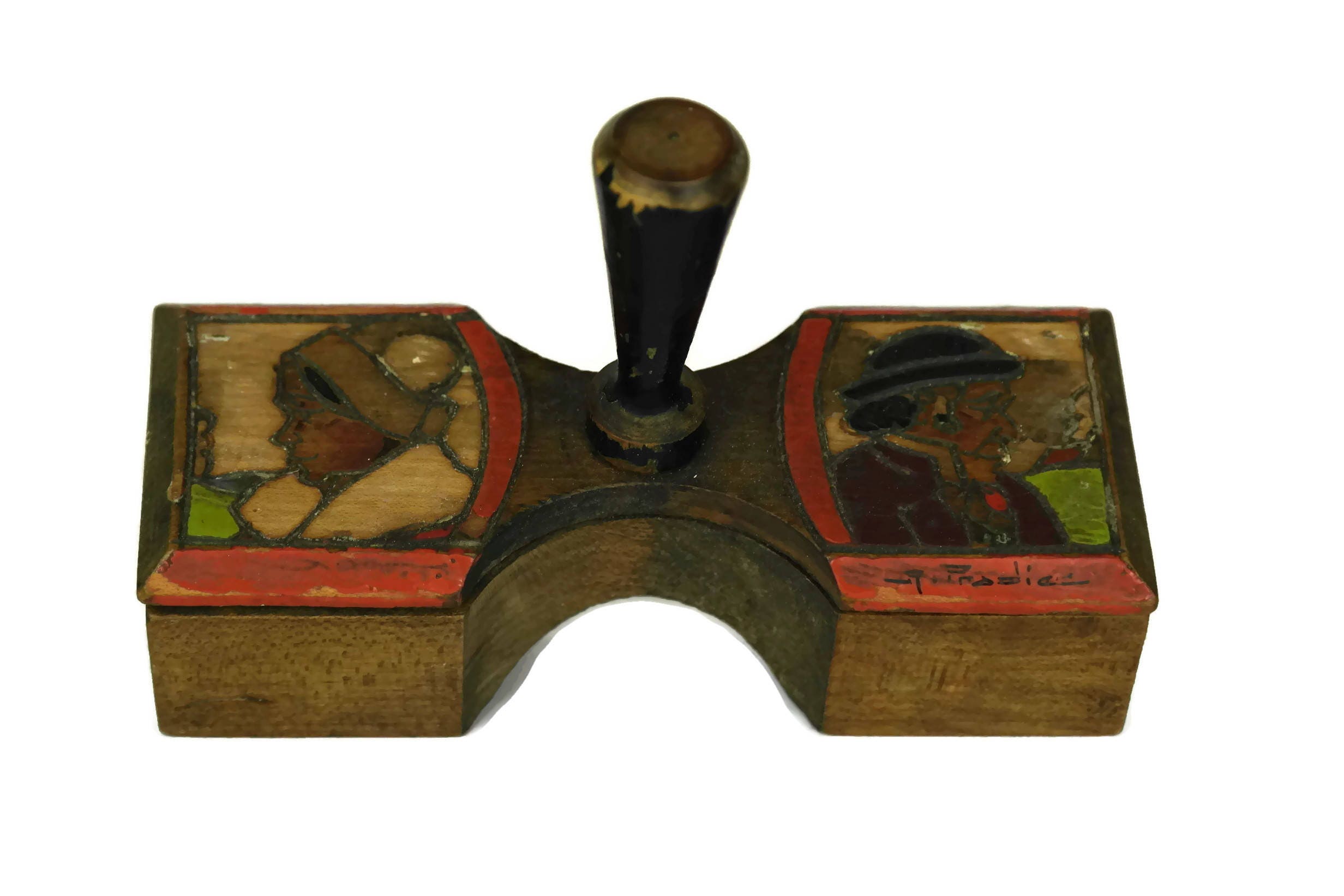 French Breton Souvenir Salt and Pepper Cellars. R Pradiec Hand Painted