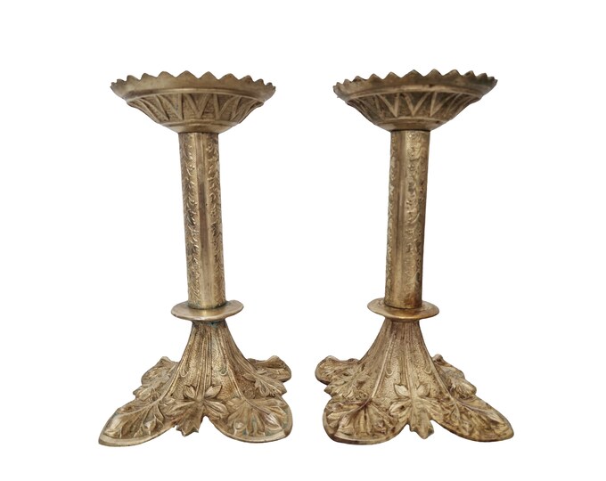 Brass Church Altar Candle Stick Holders, A Pair, Antique French Pillar Candleholders