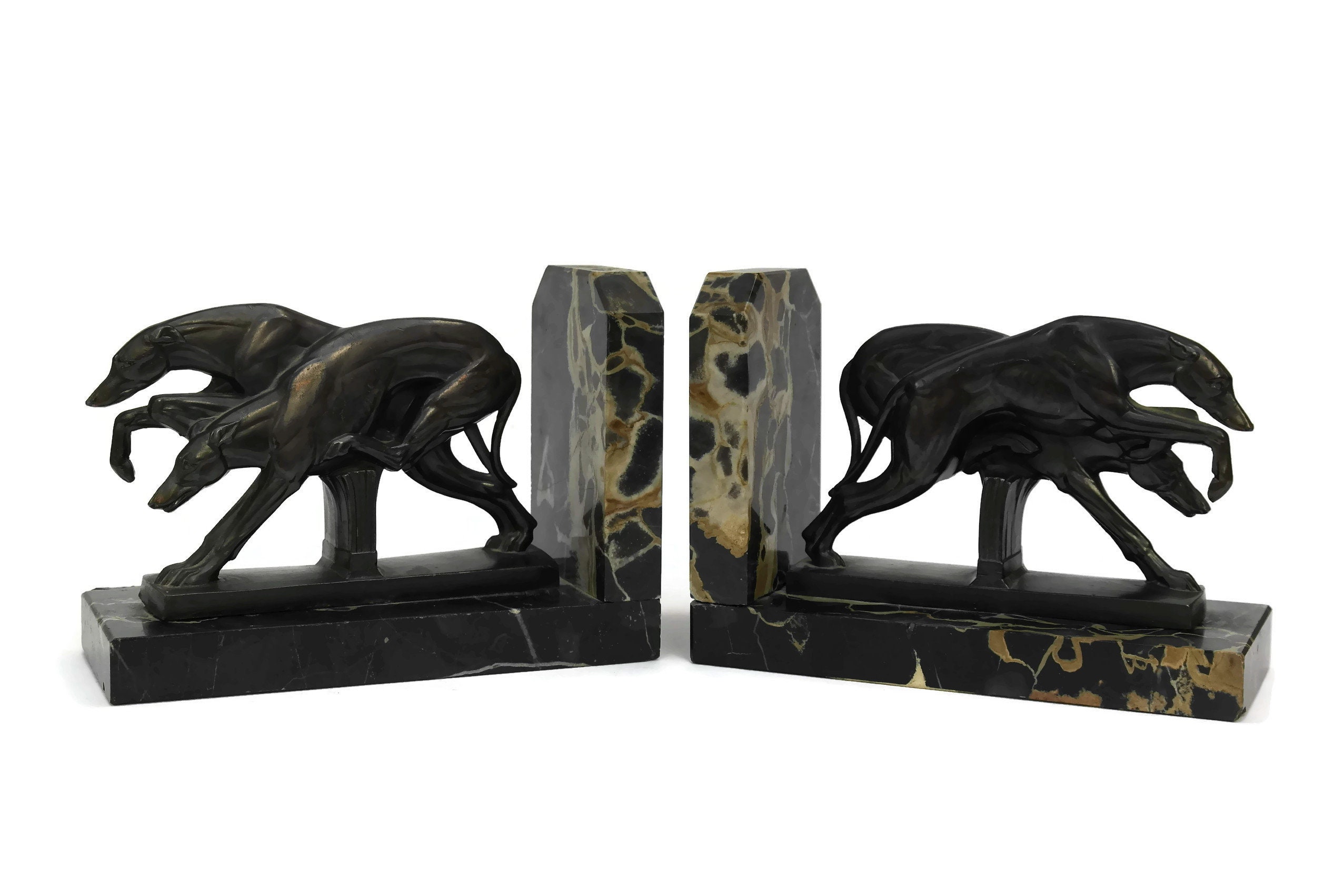 Art Deco Bookends with Racing Greyhound Dog Figurines. Vintage French