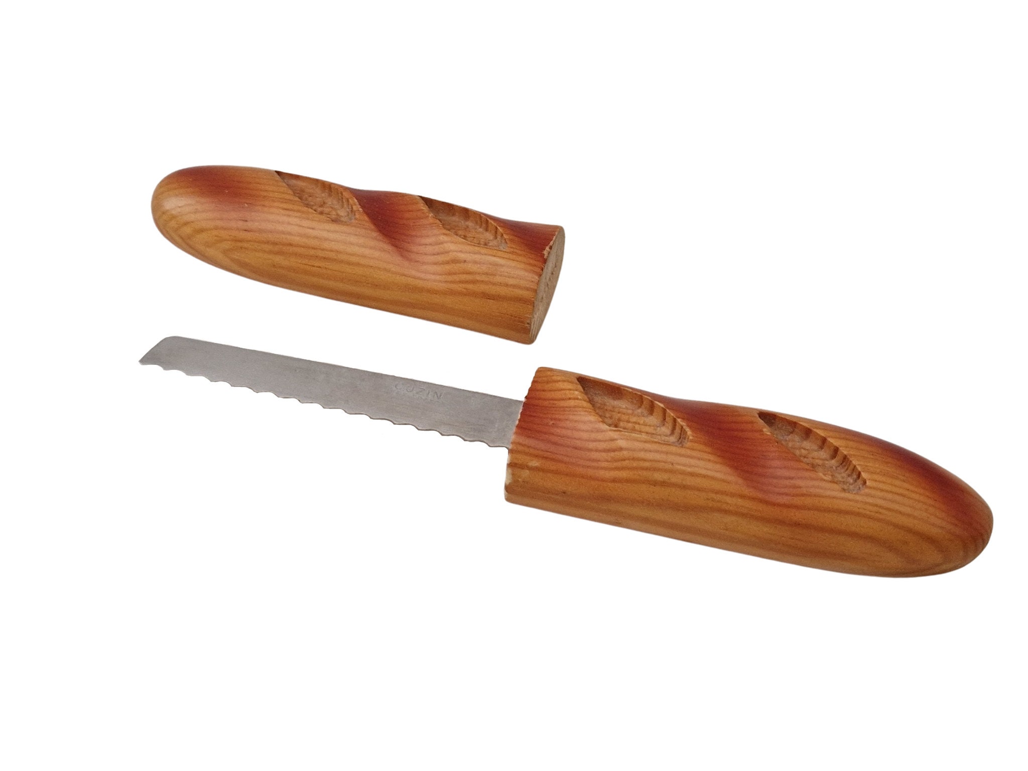Small Wooden Bread Knife by Cuzin, Serrated Baguette Slicer and Cutter