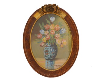 Flower Still Life Painting in Art Deco Frame, French Floral Bouquet Arrangement