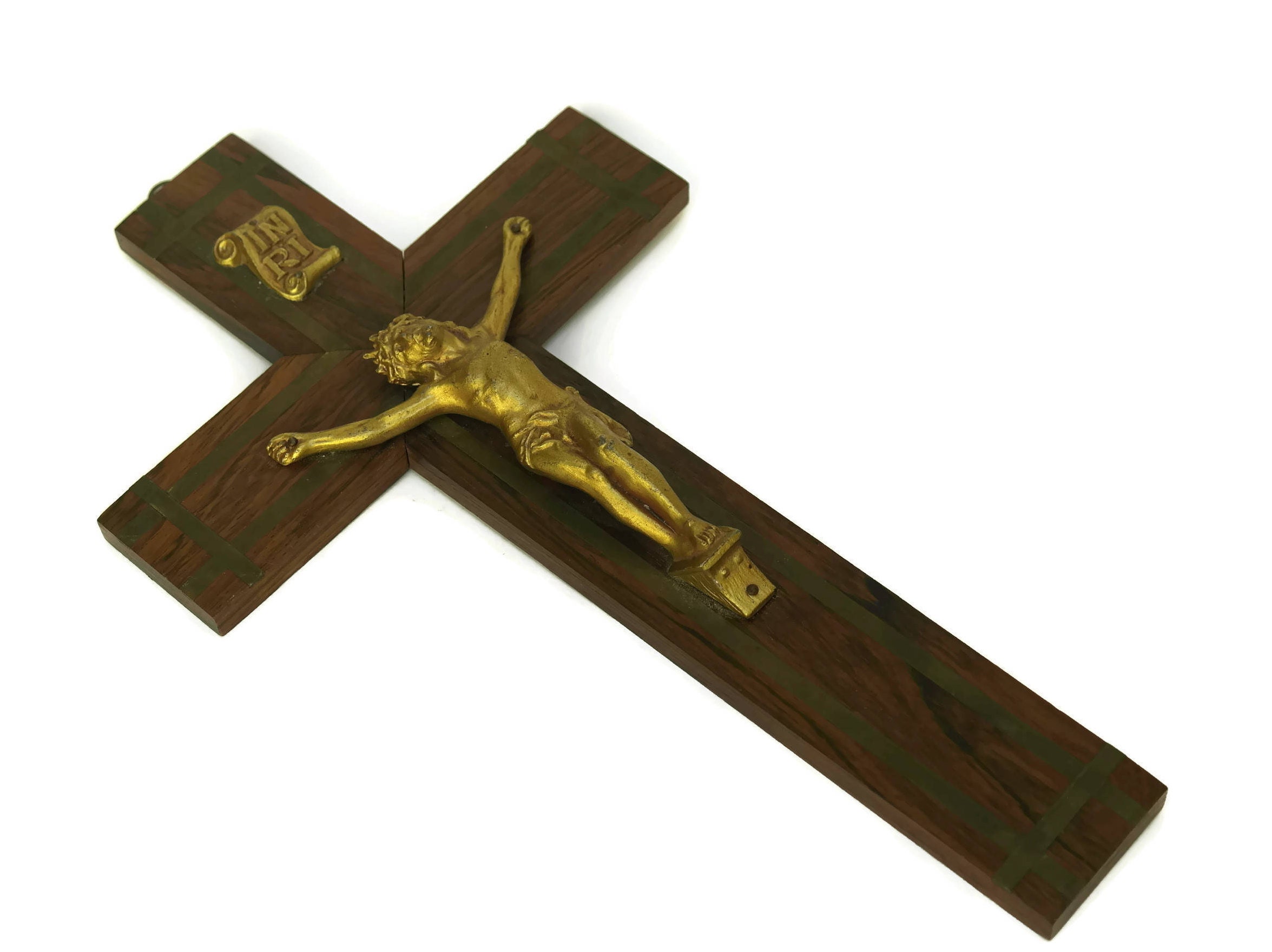 French Antique Art Deco Wooden Crucifix. Large Hanging Cross with Brass ...