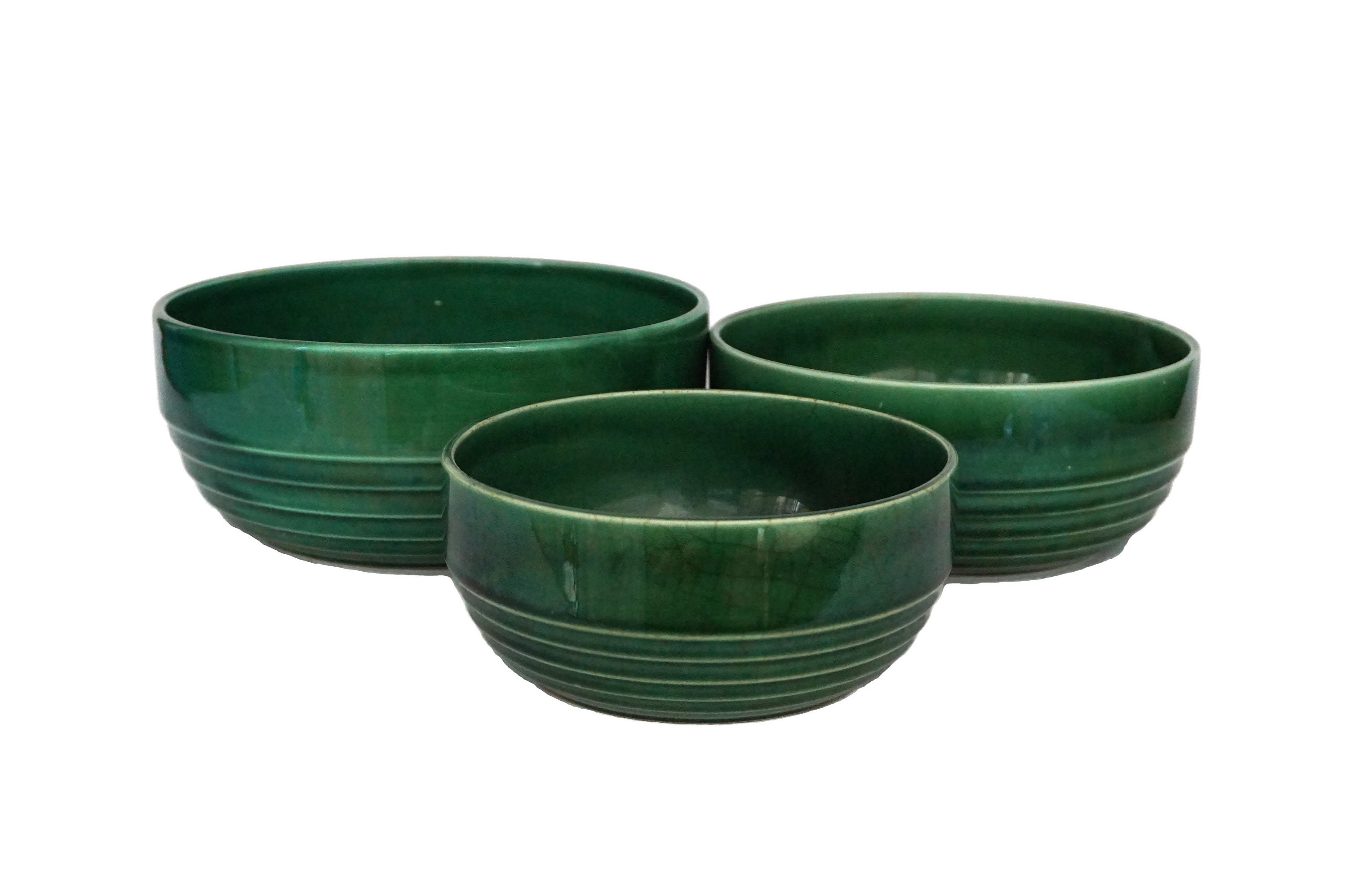 Green Ceramic Nesting Mixing Bowl Set, Vintage French Majolica Pottery Stacking Dishes