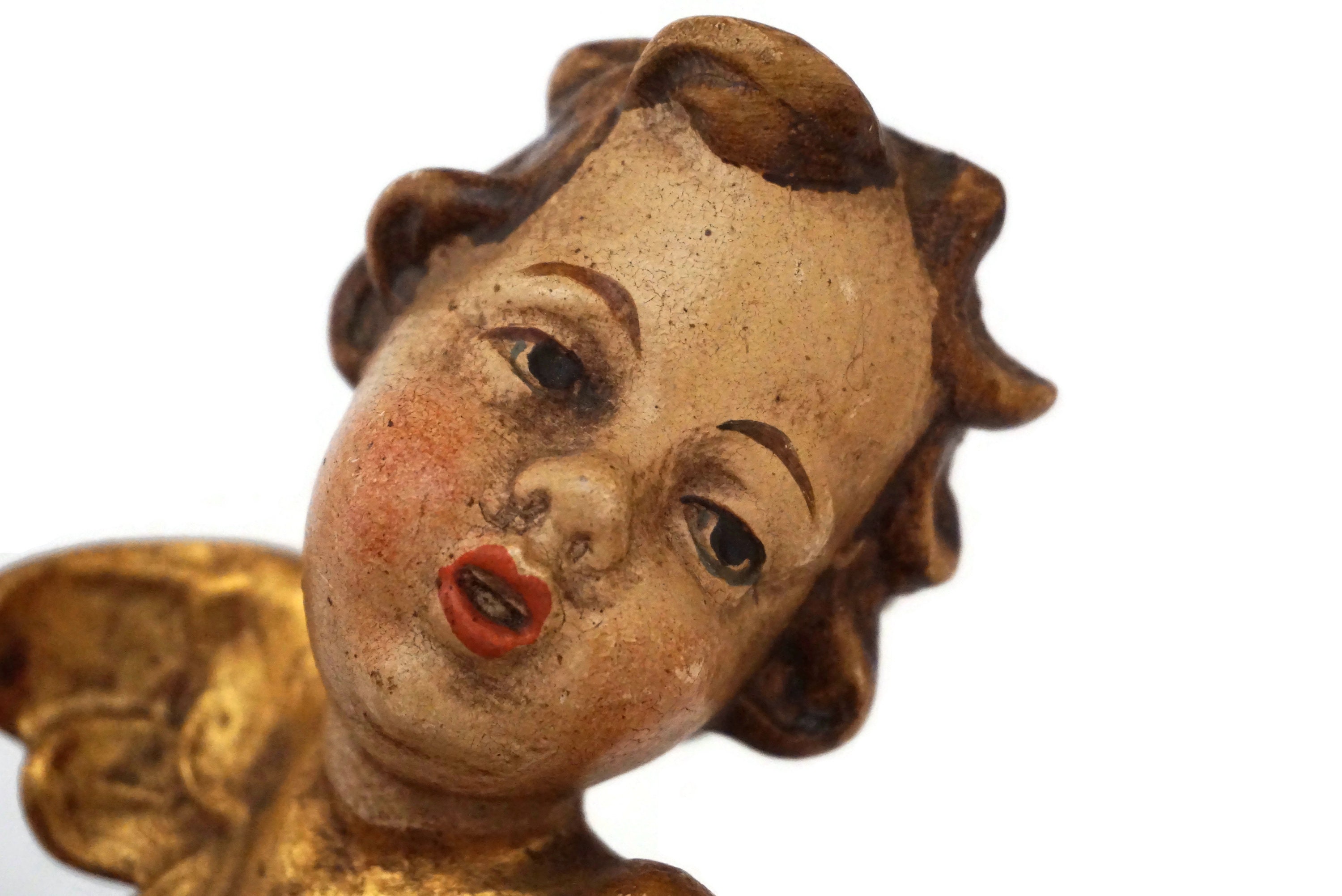 Hand Carved Cherub Putti Head Figurines, German Wooden Christmas Angel
