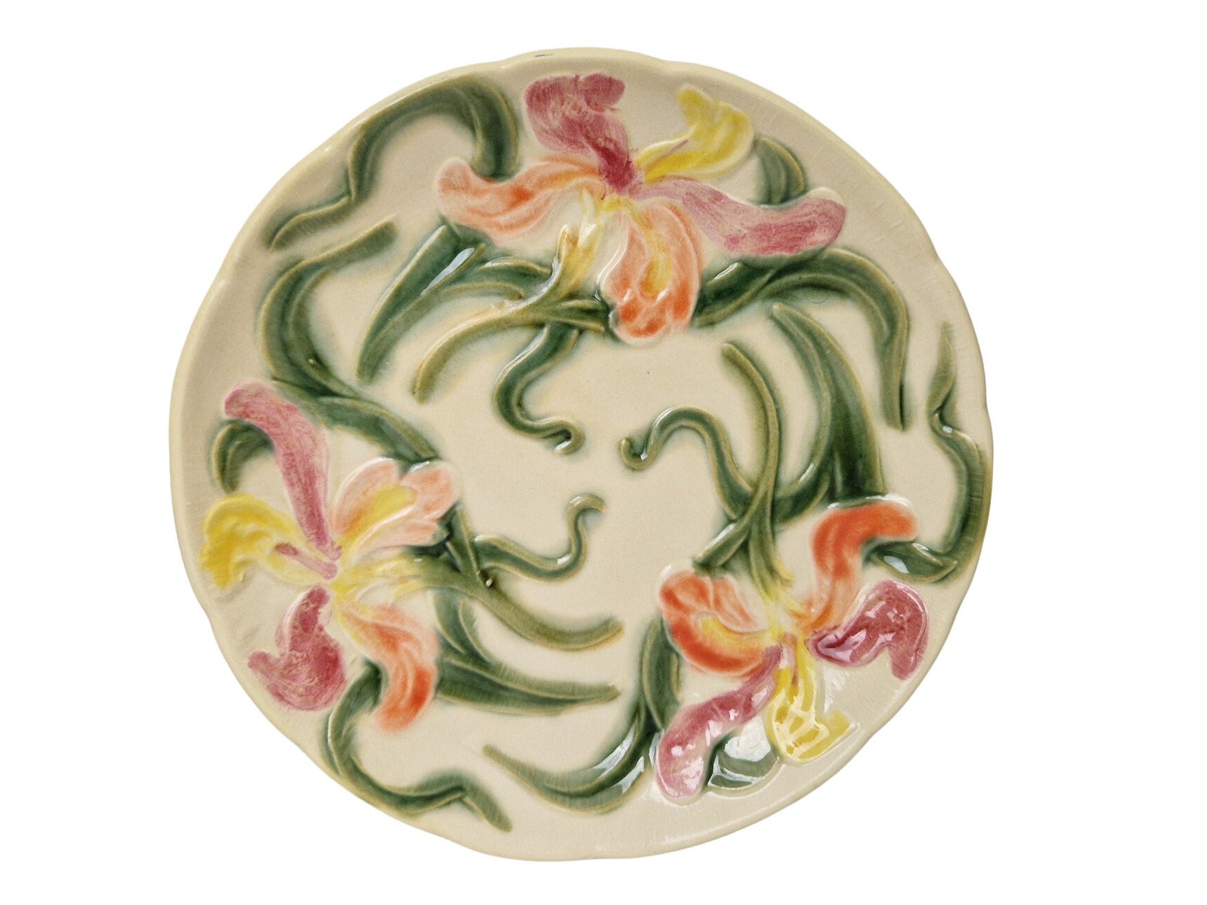 French Antique Majolica Iris Flower and Leaf Plate by Onnaing, Art