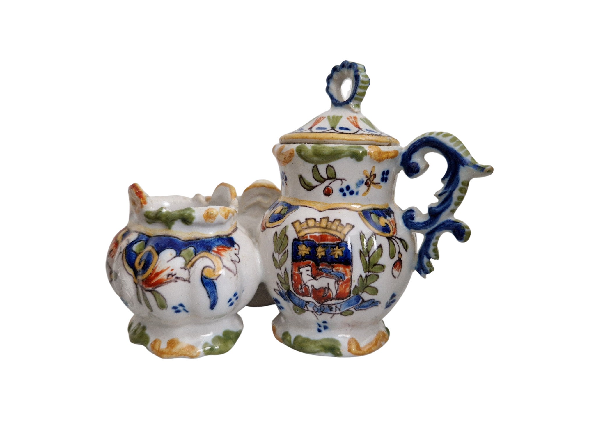 French Desvres Faience Cruet Set with Mustard Pot, Salt and Pepper