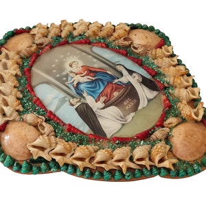 Mid Century Seashell Art Frame with Our Lady of the Rosary