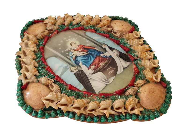 Mid Century Seashell Art Frame with Our Lady of the Rosary