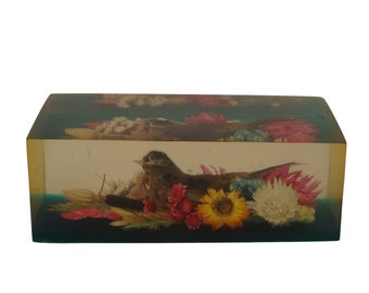 Resin Inclusion Paperweight with Feather Bird Figurine and Dried Wild Flowers, Vintage Lucite Office and Desk Decor
