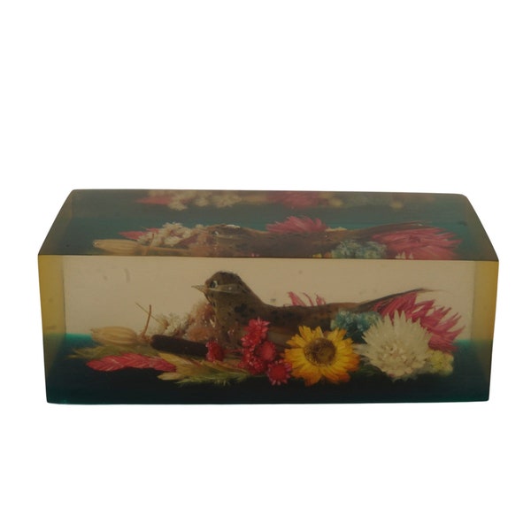 Resin Inclusion Paperweight with Feather Bird Figurine and Dried Wild Flowers, Vintage Lucite Office and Desk Decor