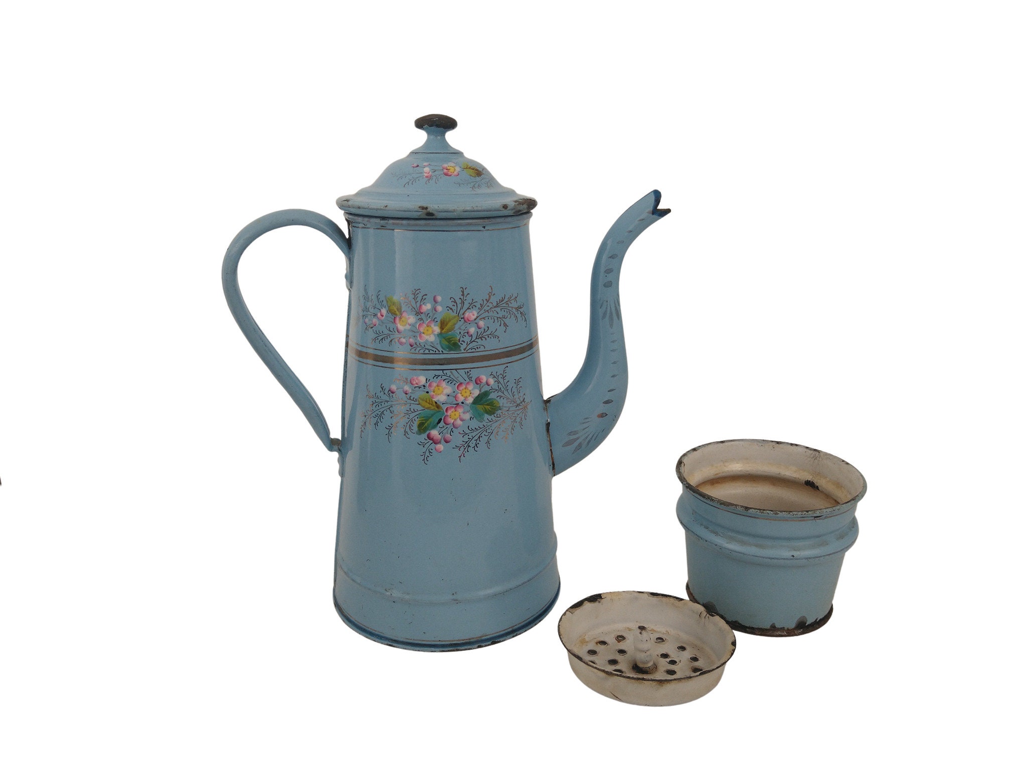 Antique French Enamel Coffee Pot with Hand Painted Flowers, Blue