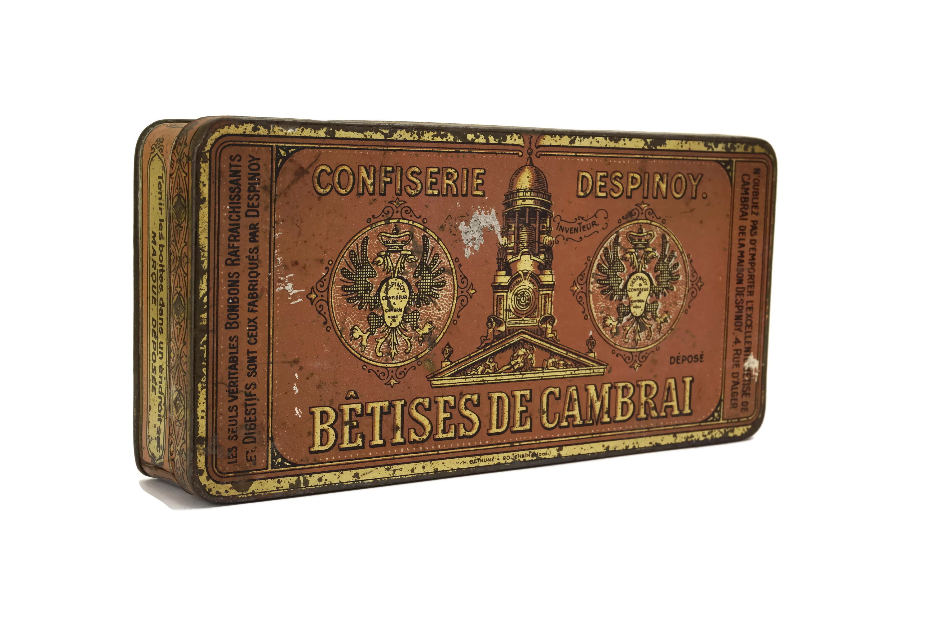 Antique French Candy Tin Box with Advertising for Betises de Cambrai