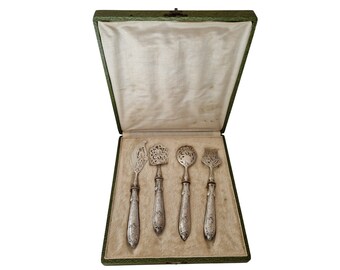 Antique French Silver Hors d'Oeuvre Set, Boxed Serving Spoon, Lifter, Fork and Knife